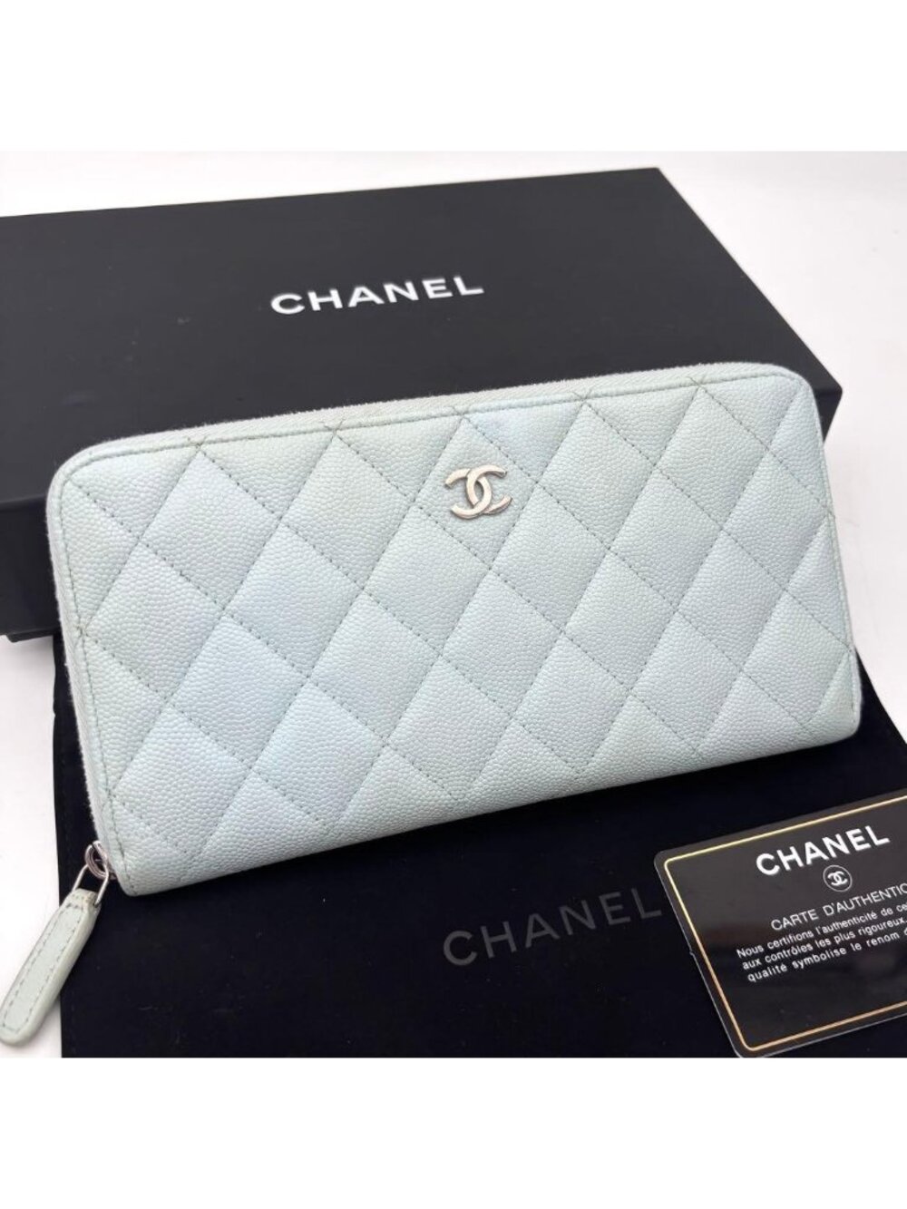 Chanel Quilted Caviar Leather Zip Around Wallet Blue